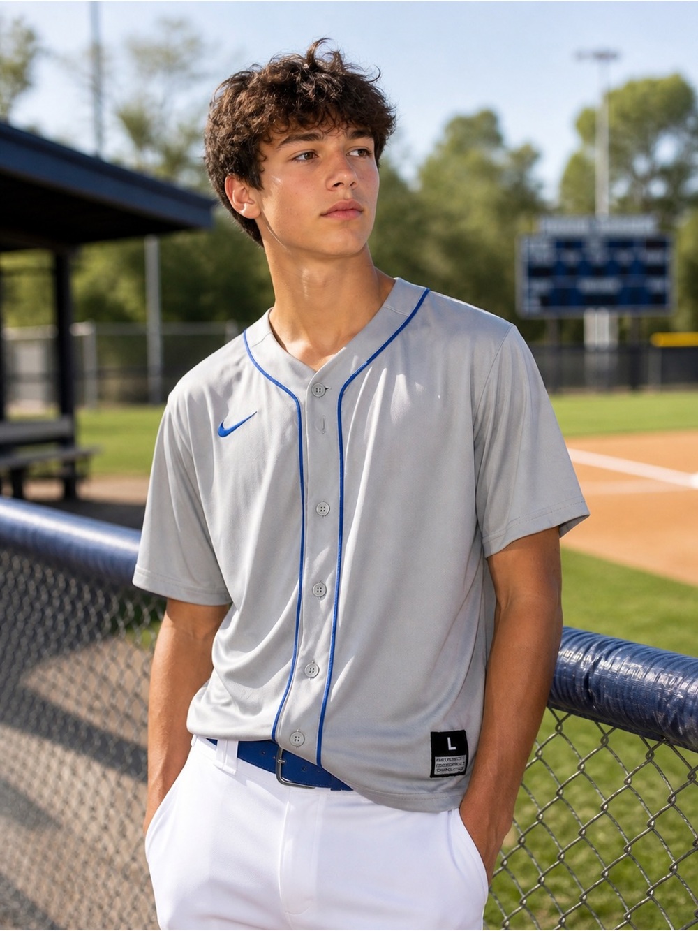 Nike Light Gray Baseball Jersey with Blue Piping